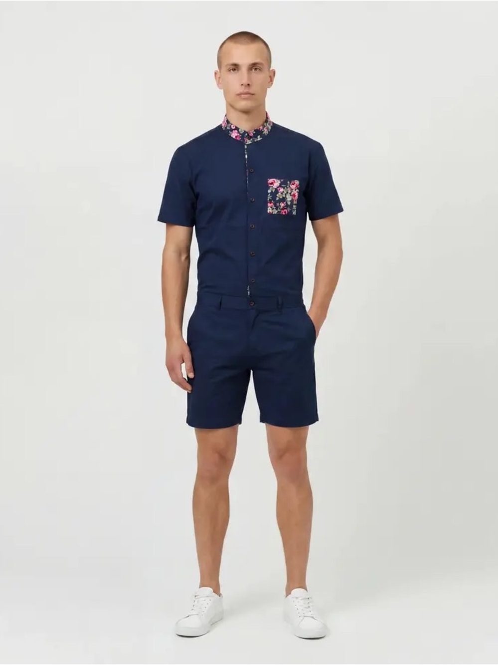 Romperjack Navy rosé romper mens medium blue floral shorts pockets casual summer